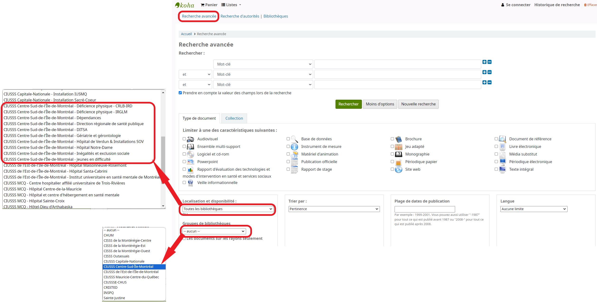 Copie d'écran qui indique comment rechercher dans les collections du CCSMTL seulement.